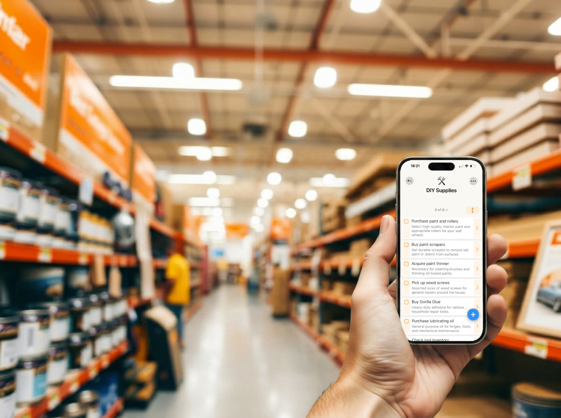 iPhone showing the Homer app inside a DIY hardware store aisle