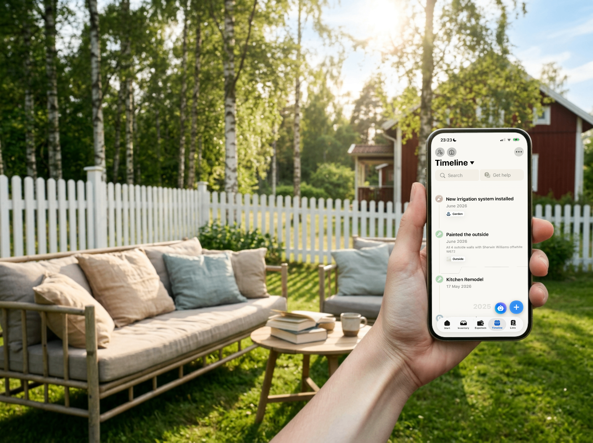 iPhone showing the Homer app in a lush Nordic garden setting