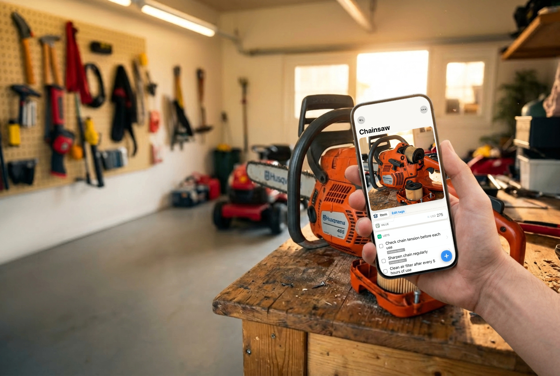 Hand reaching for a chainsaw on a workbench inside a garage